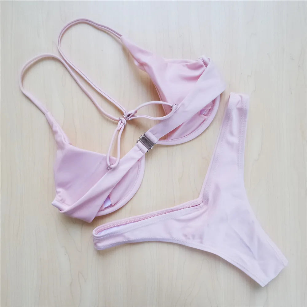 Women's V-Bar Underwired Bikini Set | V-Shape Wire Padded Two-Piece Swimwear