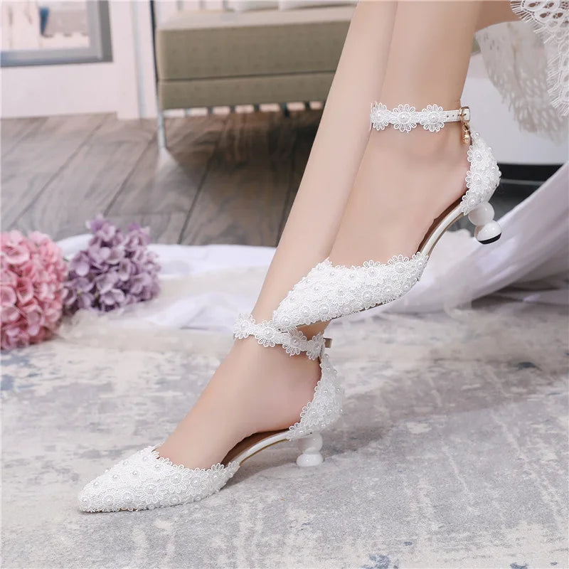 Women's 5cm Round Heel Shaped Heel Pearl Sandals