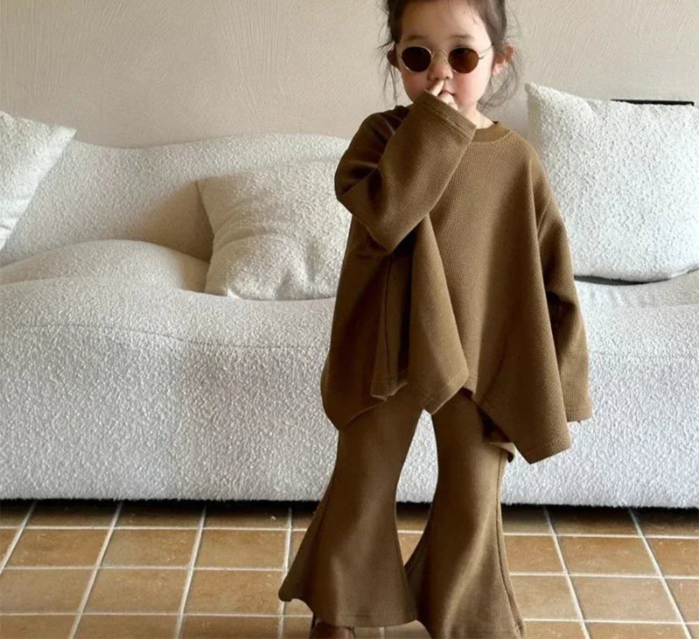 Children's Set Girls' Solid Loose Round Neck Cape Top Flare Pants 2 Piece Set