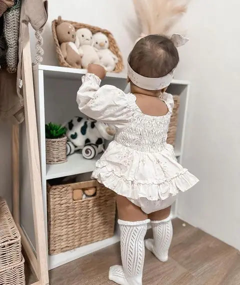 Princess Baby Girl Romper Dress - Ruffles Long Sleeve Floral Print with Headband