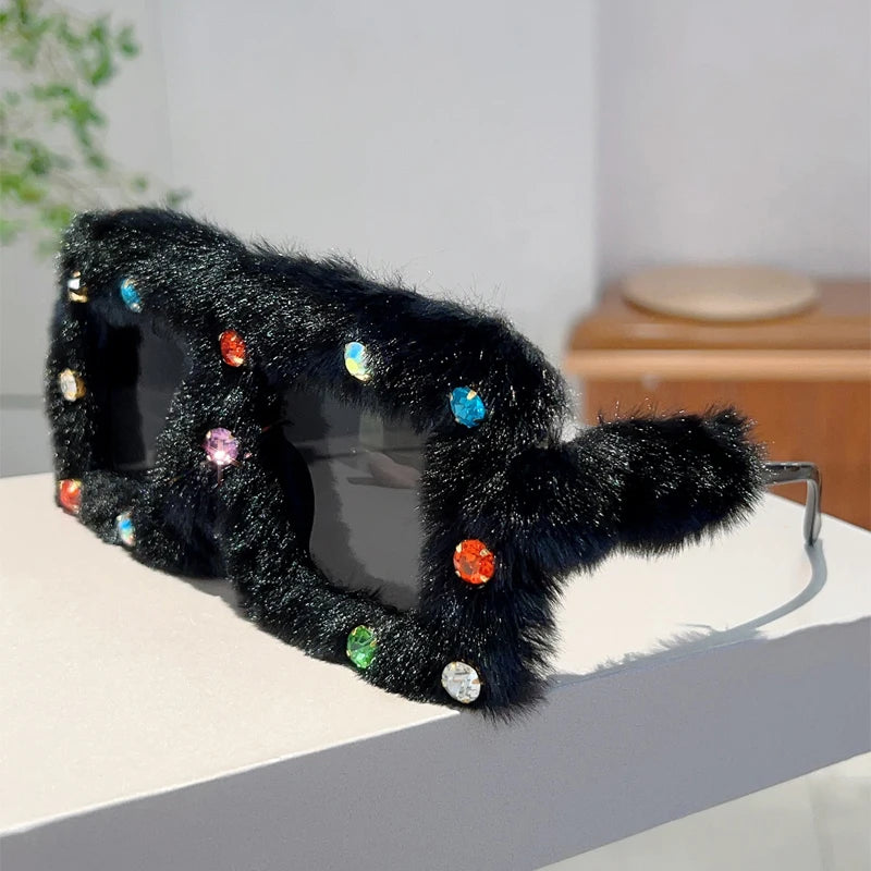 Women's Square Furry Sunglasses with Rhinestones