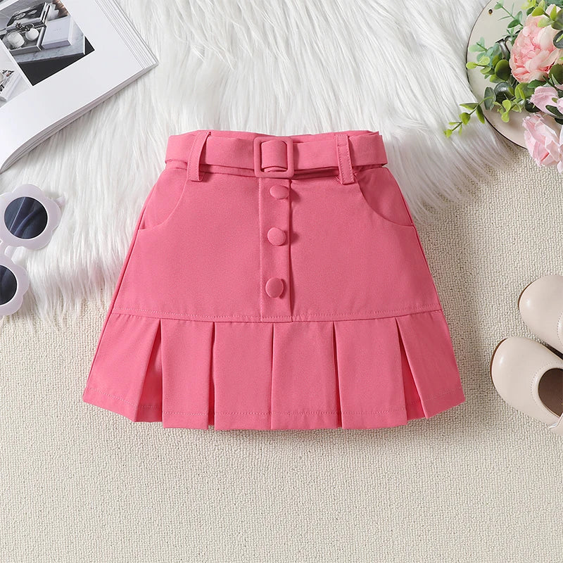 1-6Y Girls Summer Fashion Clothes Sets -  Ruffles Fly Sleeve Solid Tops Elastic Waist Pleated Mini Skirt with Belt