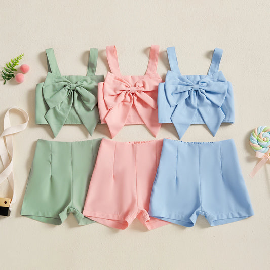 4-6Y Kids Girls Summer Clothes Set Square Neck Sleeveless Bow Tie Camisole Top and Elastic Waisted Shorts