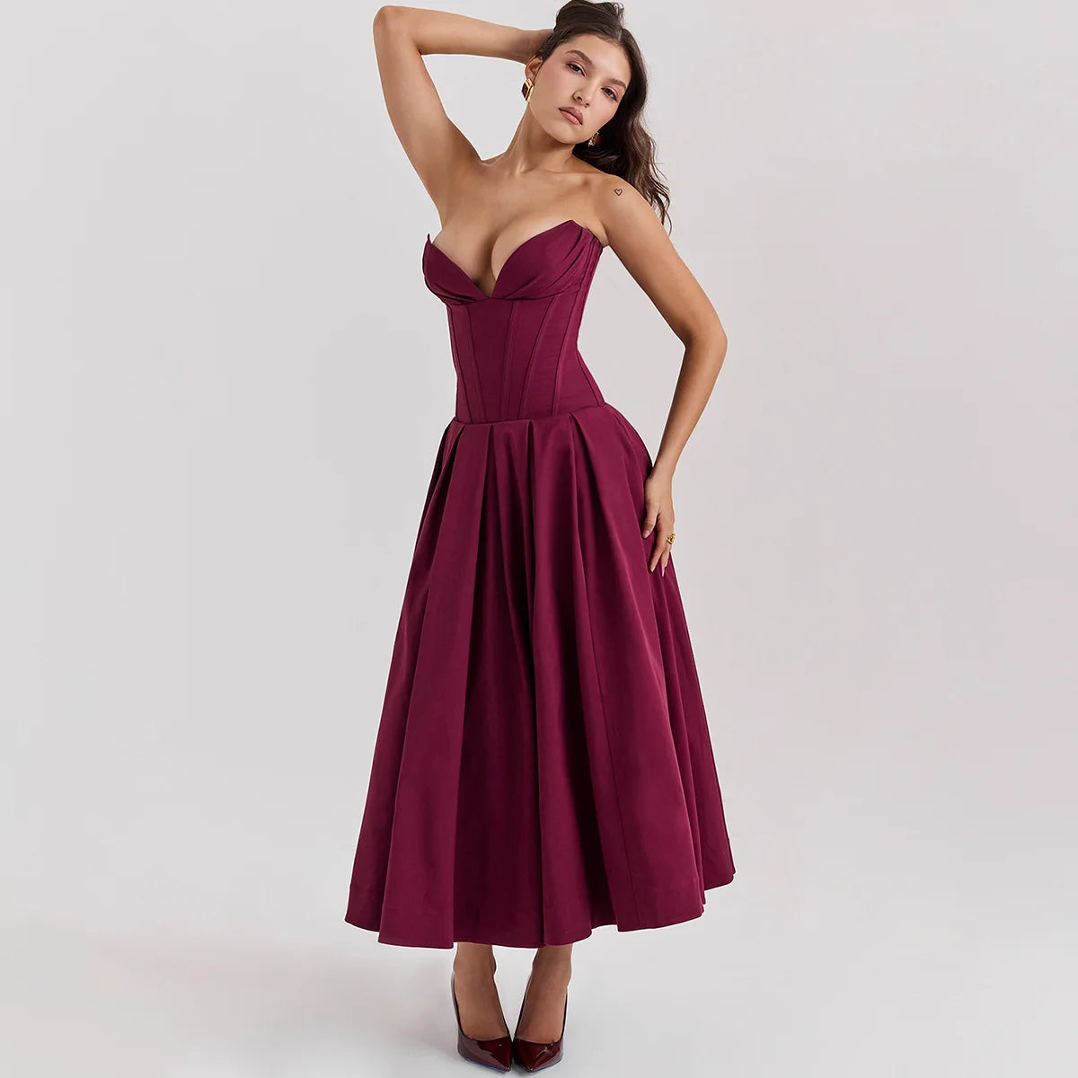 Strapless V Bar Slinky Midi Dress  Outfit - Women Frill Hem Sleeveless Corset Dress