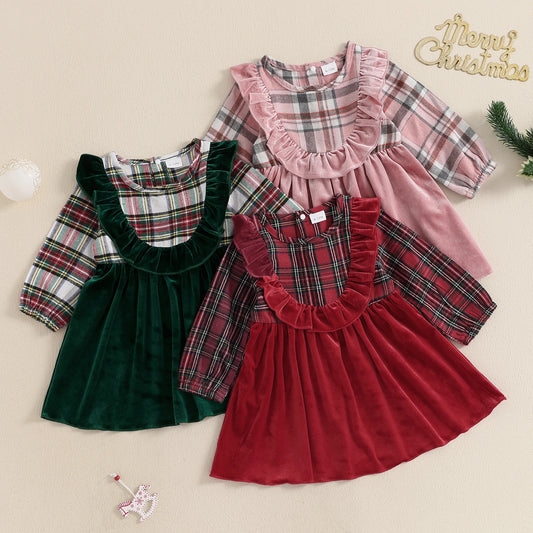 0-4Y Girl Christmas Plaid Print Velvet Patchwork Long Sleeve Crew Neck Ruffled A-Line Dress