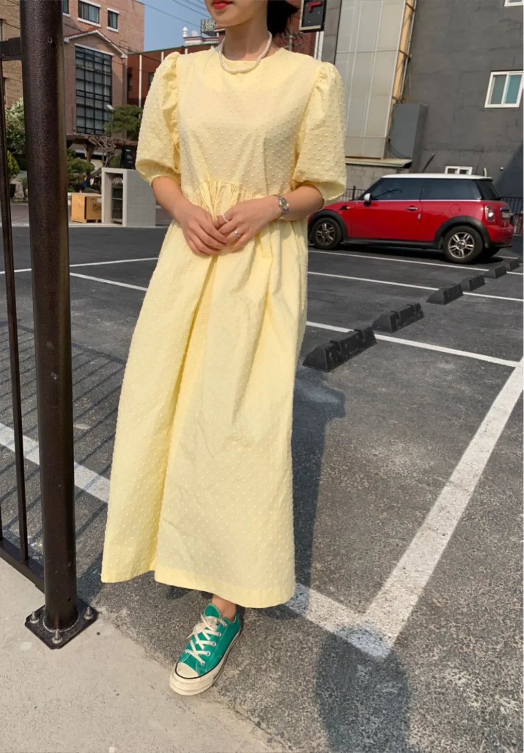 Women's Long Dress Casual Round-neck Puff Short Sleeve Elegant Loose Chiffon Dress