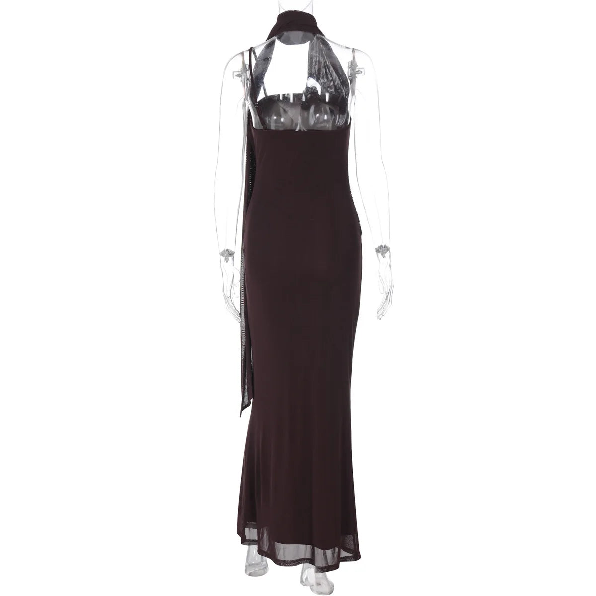Women's Elegant Neck Scarf Ruched Backless Maxi Dress - Slip Gown