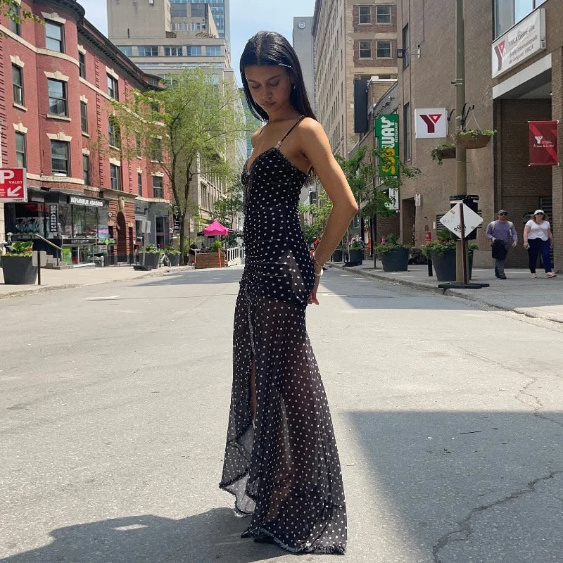 Women's Summer Boho Polka Dot Split Dress - V-Neck Backless Holiday Dress