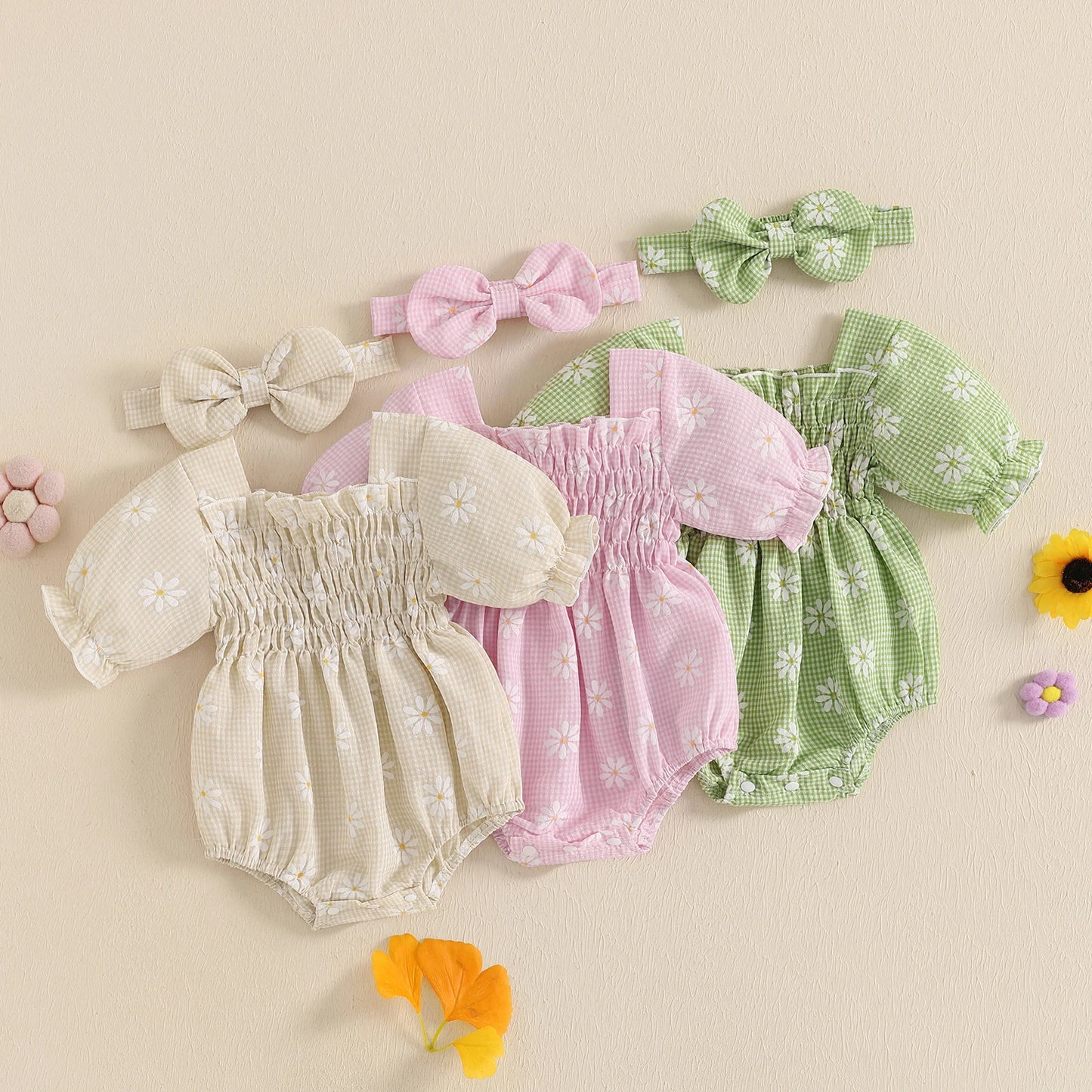 Baby Girls Romper Set with Headband - Plaid Flower Print Short Sleeve Bodysuit 2-Piece