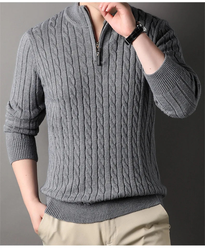 Men's Thick Mock Neck Pullover Half Zipper Knitted Warm Sweater