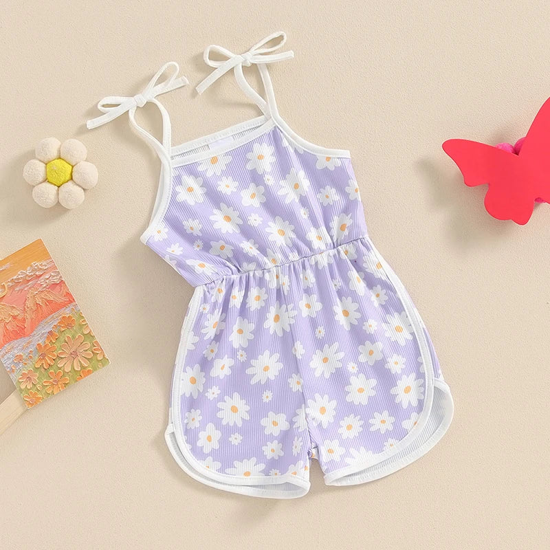 0-5Y  Kids Girls Summer Jumpsuit Shorts 4 Colours Sleeveless Square Neck Floral Print Romper Playsuits