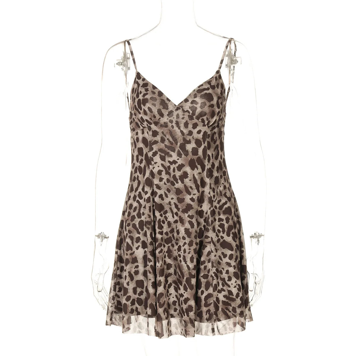 Women's Leopard Print Backless Mini Dress - V Neck Mesh Slip Coquette Summer Dress