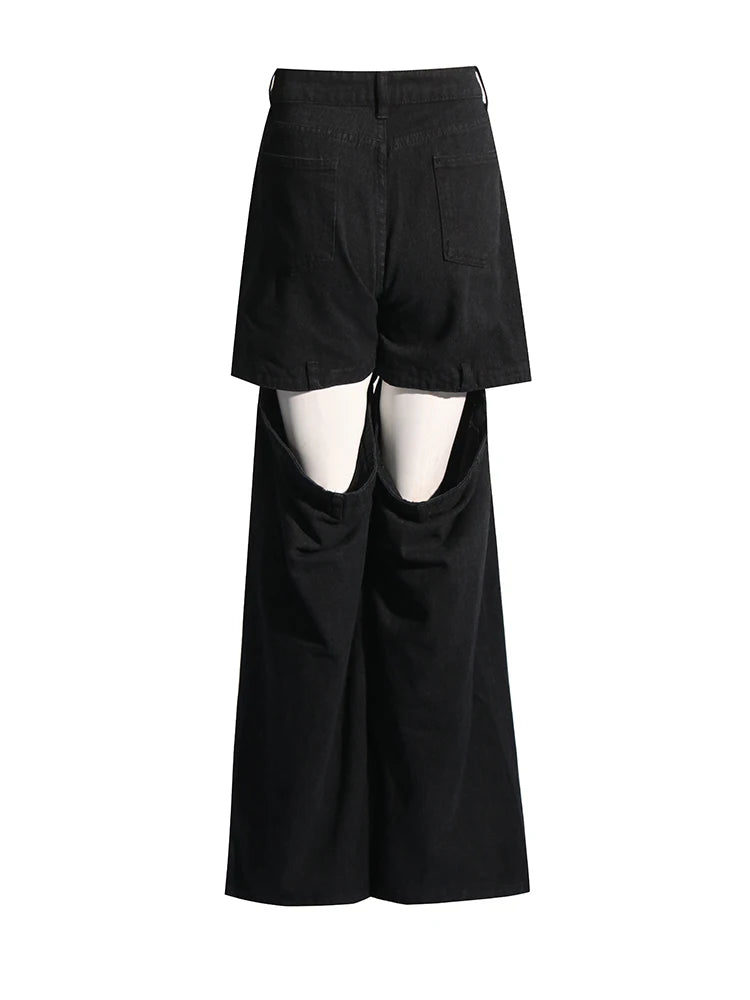 Women's Chic Spliced Zipper High Waist Patchwork Pockets Cut Out Casual Jeans