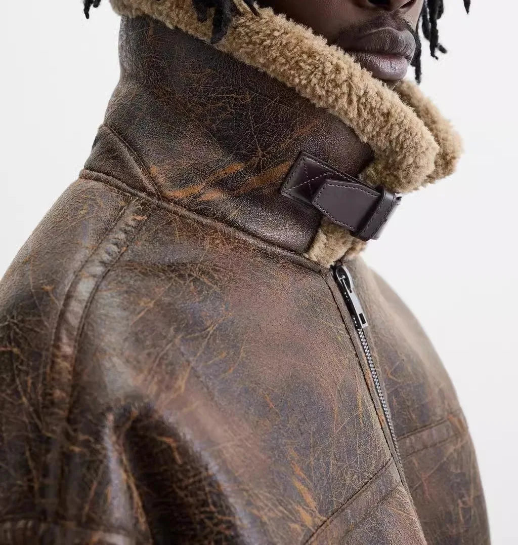 Men's Winter Lapel-Neck Jacket - Double-Sided Lamb Wool with Suede Piping