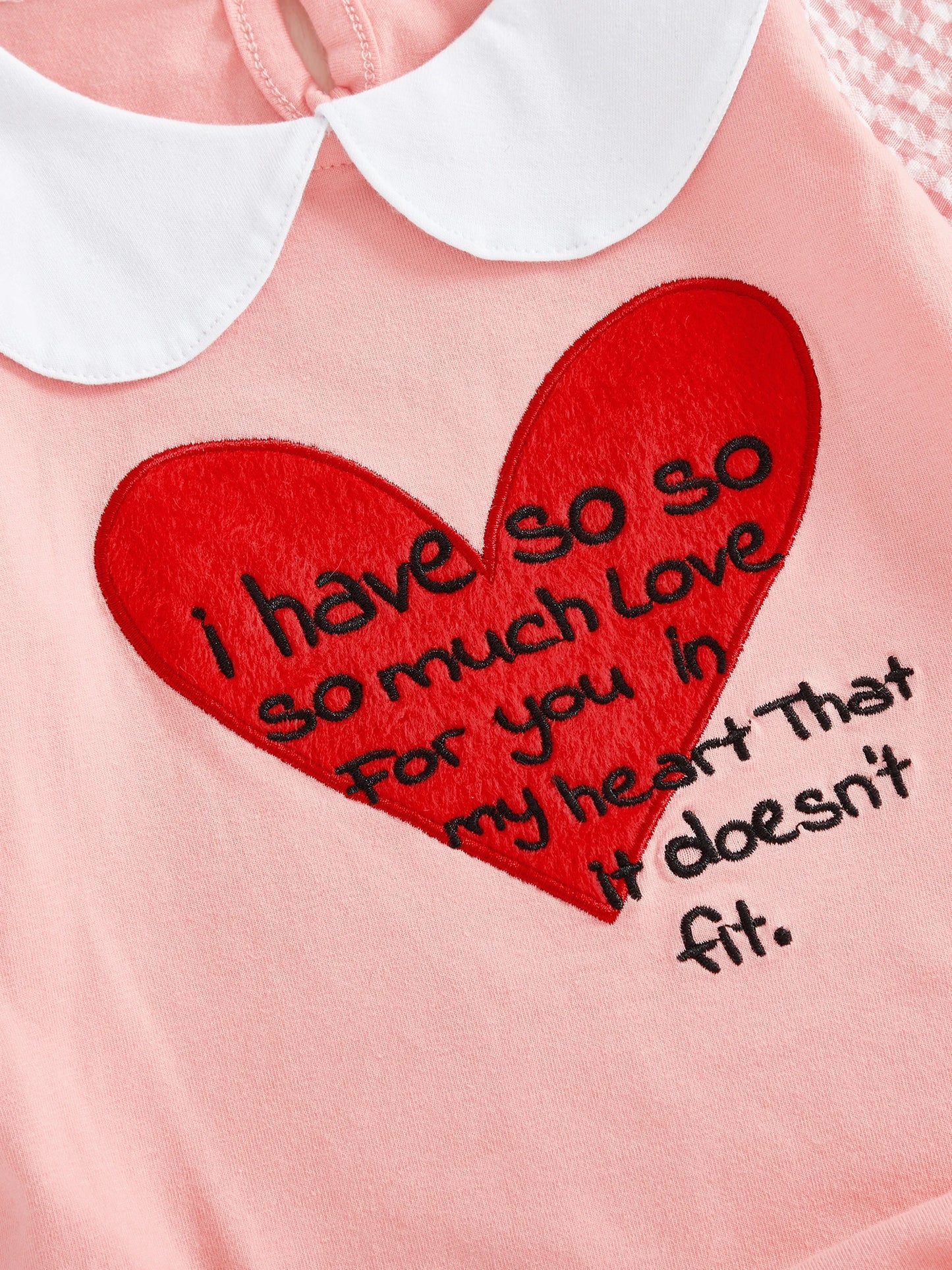 Baby Girls Boys Valentine's Day Letter Heart Embroidery Plaid Long Sleeve Doll Collar Romper