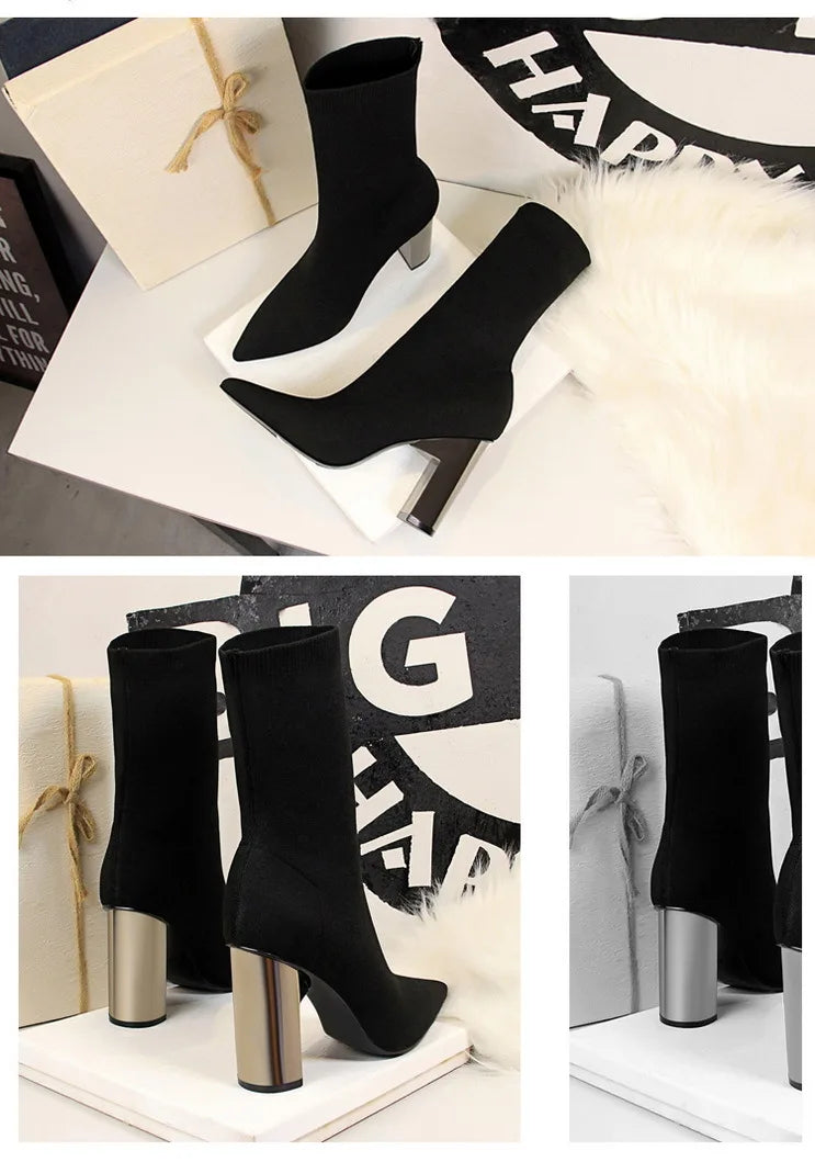 Women's Elastic Sock Boots - Metal Block Heel Ankle Boots Plus Size Available