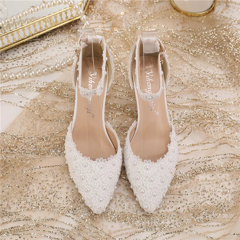 Women's 5cm Round Heel Shaped Heel Pearl Sandals