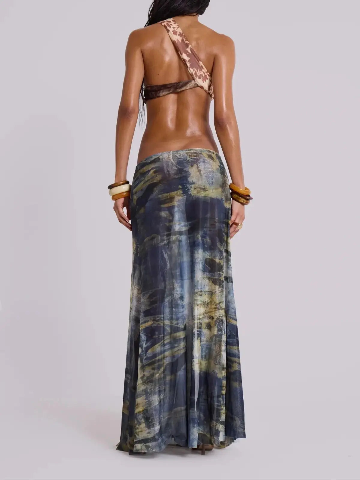 Women's Mesh Cut Out Maxi Dress - Ruched Print Beach Cover Up