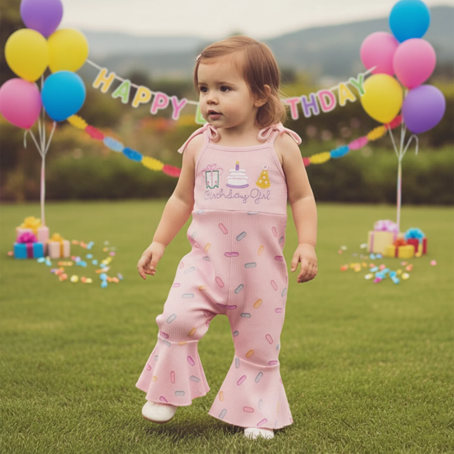 Toddler Girls Birthday Overalls Jumpsuit - Cake Embroidery Sleeveless Bell Bottom Flare Pants