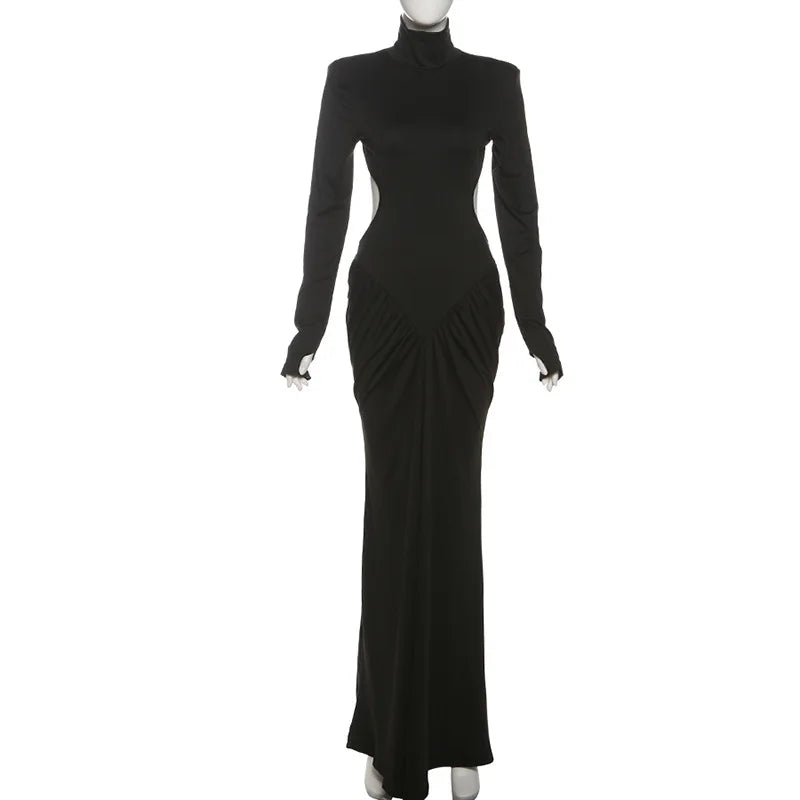Women's Ruched Long Sleeve Maxi Dress - Elegant Backless Evening Gown