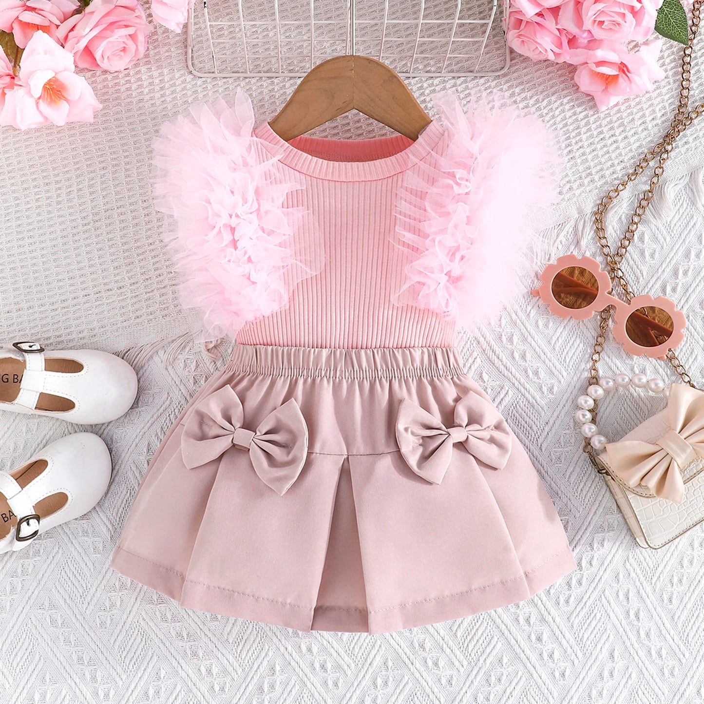 Baby Girls Summer Clothes Set - Tulle Ruffled Tank Top & Bow Pleated Skirt