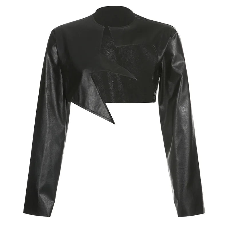 Women's PU Leather Patchwork Long Sleeve Cropped Jacket