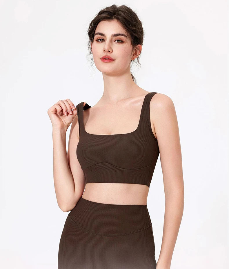 Women's High Impact Fitness Yoga Bra Soft Sports Underwear Square Neckline Gym Crop Top Breathable Workout Top