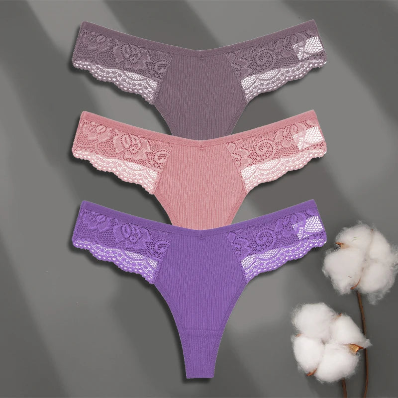 Cotton Lace Thongs - 3 Pack Low Waist Bikini Panties