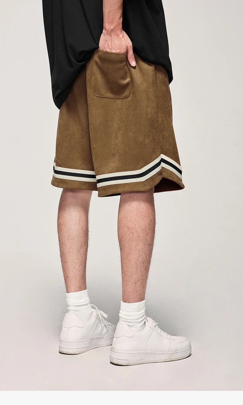 Men's Brown Basketball Elastic Waist Faux Suede Sports Shorts