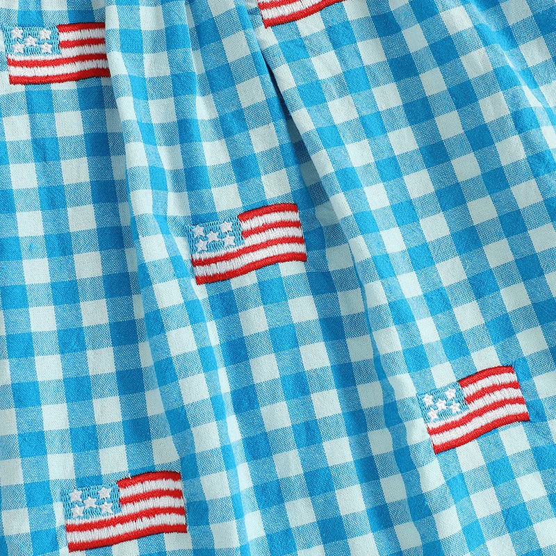 0-4Y  Kids Girl’s  Short Sleeve Embroidery Crew Neck Plaid Flags Print A-Line Dress