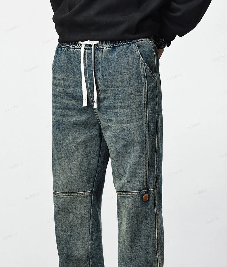 Men's Retro  Elastic Waist Thick Jeans