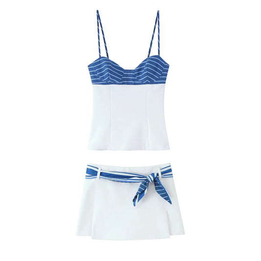 Women's Contrasting Striped Suspender Set - Short Top with Belted Skirt