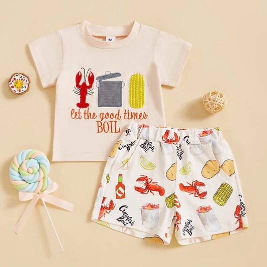Boys Summer Outfit Set - Cartoon Letter T-shirt & Lobster Print Shorts