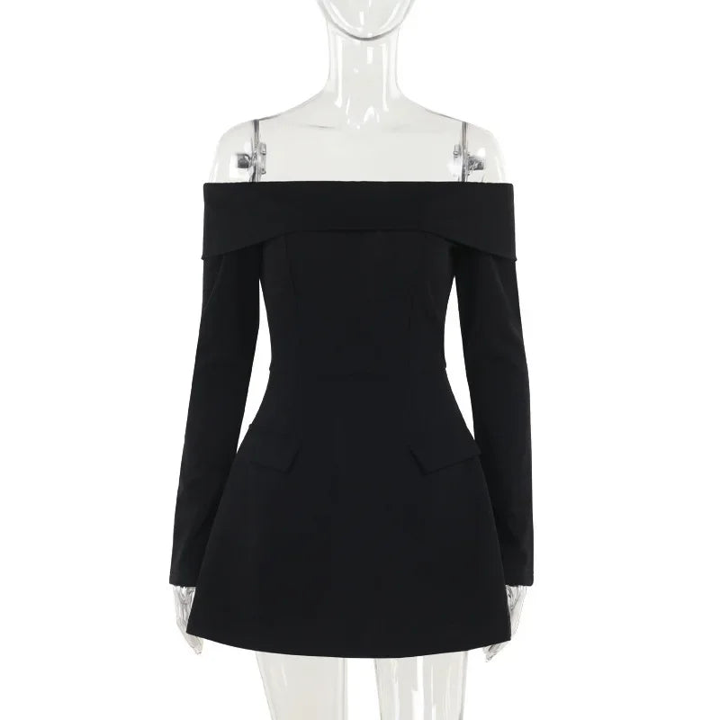 Women's One-Shoulder A-Line Elegant Slim Mini Flare Long Sleeve Splice Dress