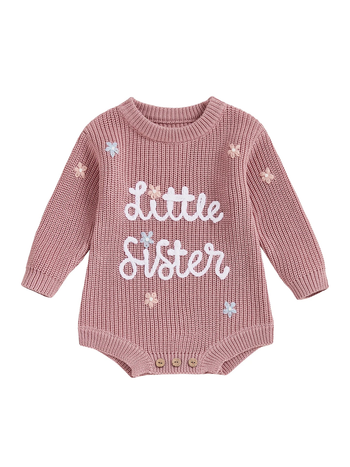 Newborn Baby Sweater Romper - Letter Floral Embroidery Round Neck Knit Jumpsuit