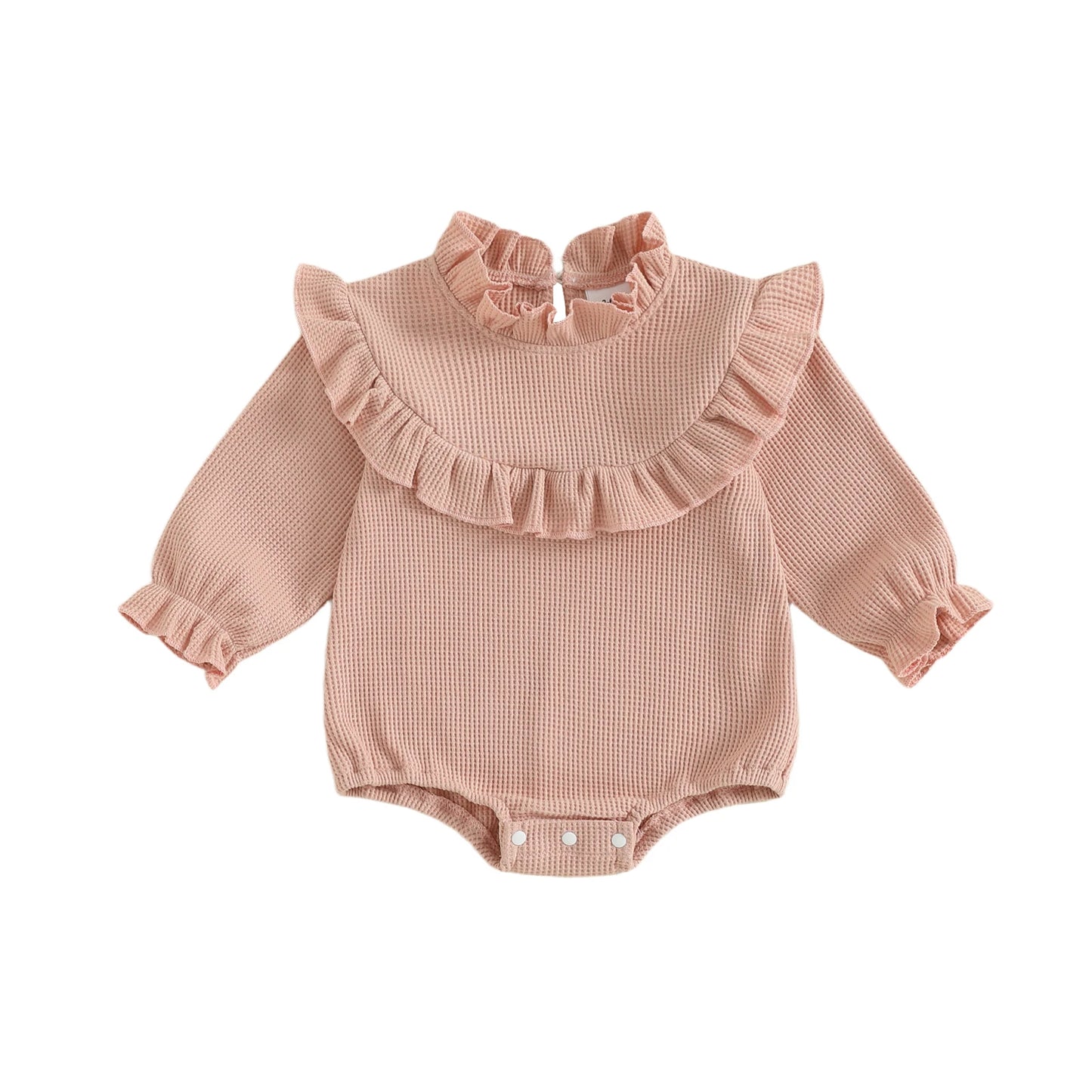 Newborn Baby Girls Waffle Romper - Long Sleeve Mock Neck Ruffled Jumpsuit
