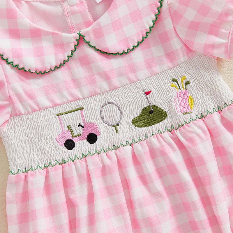 Baby Girls Summer Plaid Romper with Golf Embroidery - Doll Collar Jumpsuit (0-18M)
