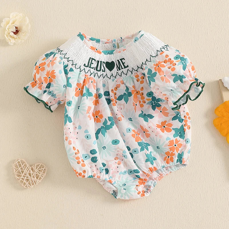 Baby Girls Floral Letter Embroidery Romper - Smocked Short Sleeve Playsuit (0-12M)
