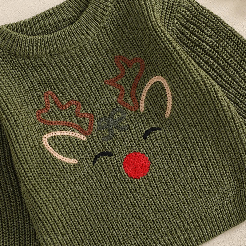 0-3Y Toddler Baby Boys Girls Christmas Sweater - Reindeer Embroidery Long Sleeve Round Neck Knitwear Pullover