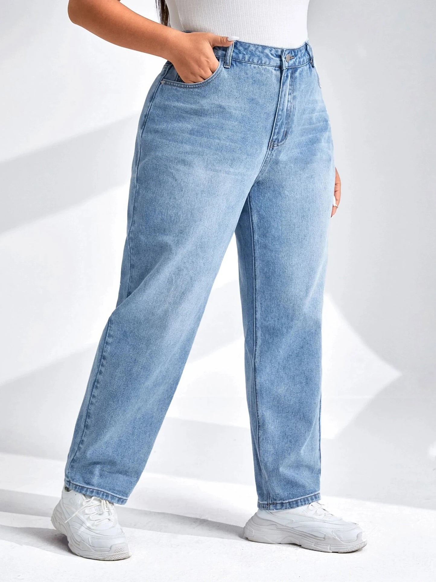 Women Plus Size Harem Light Blue High Waist Stretchy Full Length Slim Fitting Tapered Jeans