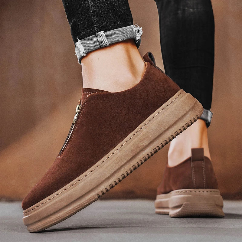 Men's Suede Leather Platform Work Shoes - Zipper Casual Business Sneakers