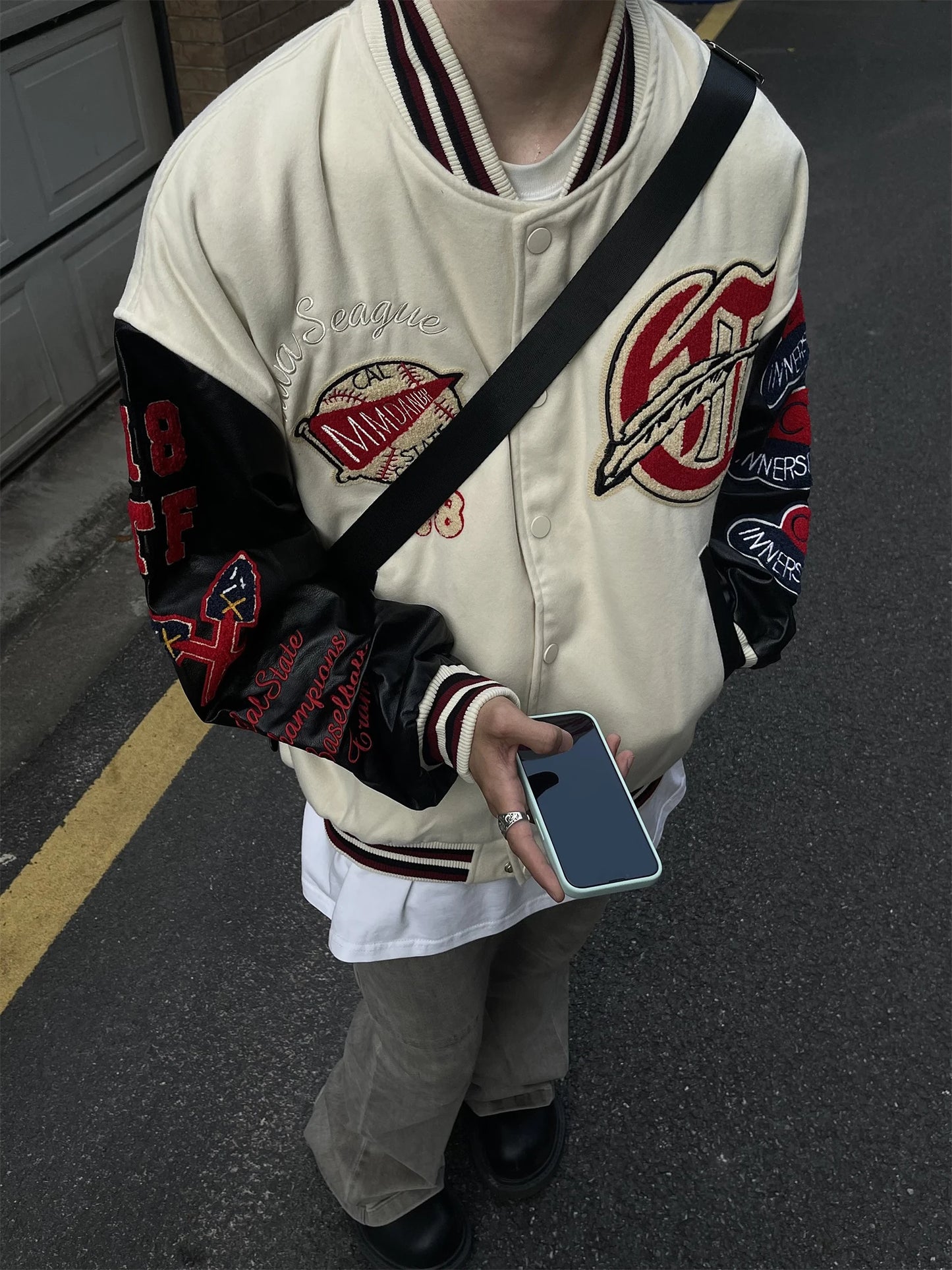 Men's Vintage Flocked Embroidery Patchwork Varsity PU Leather Sleeve Baseball Jacket