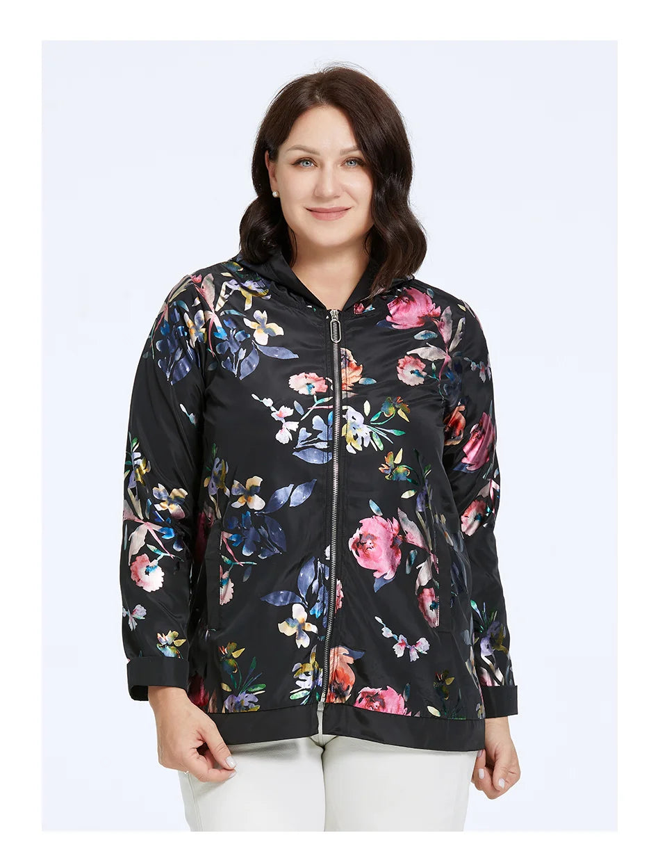 Women's Oversized Hooded Flower Print Zip Windbreaker Jacket