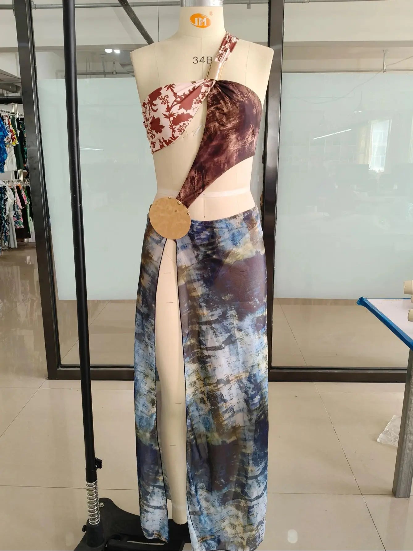 Women's Mesh Cut Out Maxi Dress - Ruched Print Beach Cover Up