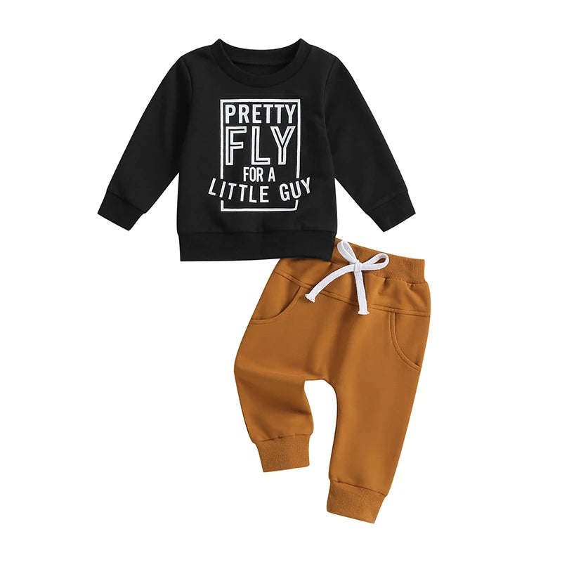 Infant Baby Boys Clothes Set 0-3Y Long Sleeve Letters Print Sweatshirt with Elastic Waist Solid Trousers