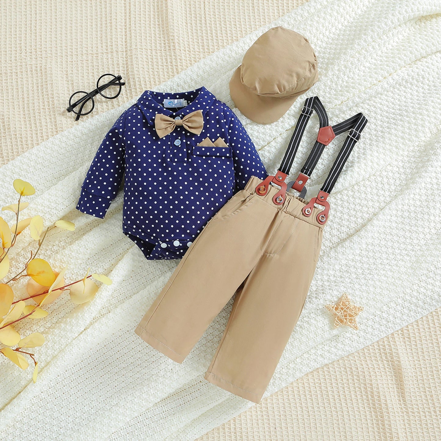 0-18M Autumn Baby Boys Gentleman Clothes Sets 3pcs Long Sleeve Polka Dots Print Shirt + Suspender Pants + HaT