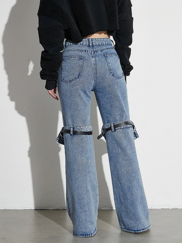 Women's Patchwork Belts Denim - High Waist Spliced Button Wide Leg Jeans