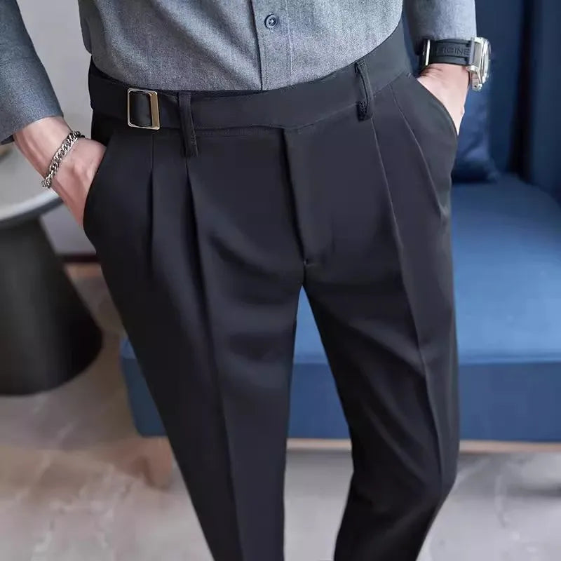 Men's Slim Fit Suit Trousers - High Waist Smart Casual Pants