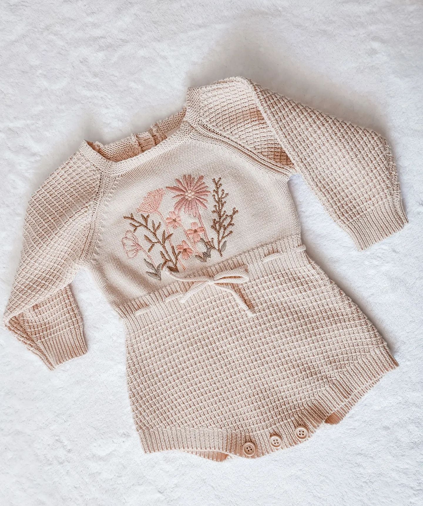 0-24M Baby Girl's Romper Knitted Long Sleeve Flowers Embroidery Elastic Button Jumpsuit