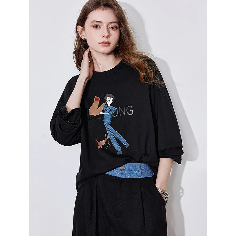 Women's Long Sleeve  Lyocell Denim Patchwork Embroidery Cotton Pullover T-Shirt